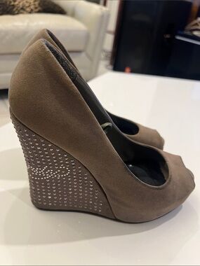 Ed Hardy Taupe Suede Peep-Toe Wedge Pumps with Crystal Heel
